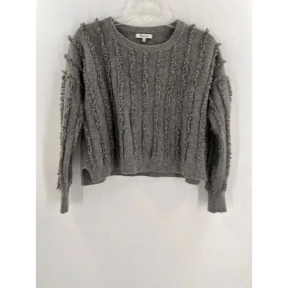 Madewell Fringe-Stripe Pullover 100% Merino Wool Gray Sweater Size MEDIUM EUC - Picture 4 of 8